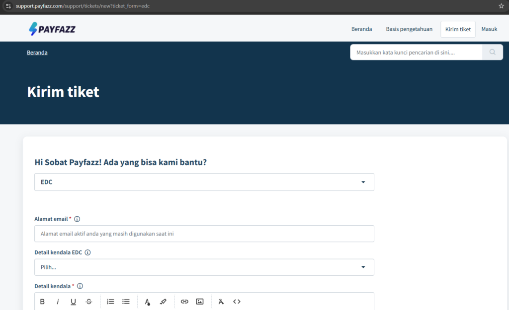 Tampilan Formulir Lapor Kendala EDC PAYFAZZ Lewat Webform 
